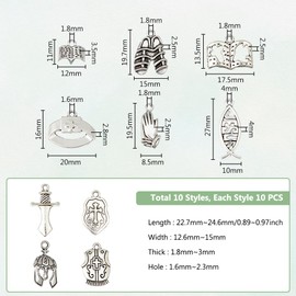 DICOSMETIC 100pcs 10 Styles Bible Charms Pendants Religious Charms Armor of God Charms Antique Silver Cross Shield Knife Praying Hands Charms for DIY Bracelet Necklace Jewelry Making