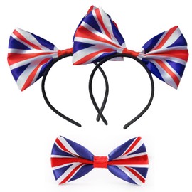 2 Pcs Hairband, Union Jack Headband, Bow Hair Hoop, Queens Platinum Jubilee Party Event Birthday Holiday Decoration with 1 Pcs Bow Tie