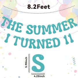 The Summer I Turned 11 Banner - Bruh Teen Boy 11th Birthday Decor, Cheers to 11 Years, Summer Beach 11th Birthday Party Decorations Blue Glitter