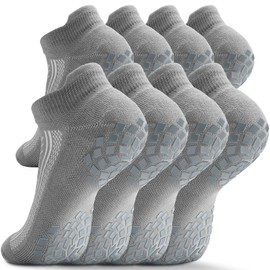 SITOISBE Pilates Grip Socks - Cushioned Slipper Non-Slip Grippy for Women Men Yoga - Barre Workout Hospital Sticky Socks, Medium, Grey, 4 Pairs