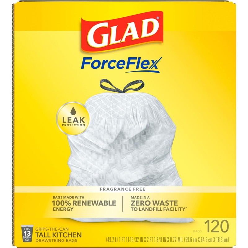 Glad ForceFlex Tall Kitchen Drawstring Trash Bags, 13 Gallon, 120