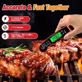 Meat Thermometer Digital, IP67 Waterproof Food Thermometer for Cooking and Baking, Instant Read Meat Thermometer with Backlight, Hold Function & Magnet for Kitchen, Beef, Grill, BBQ, Candy, Turkey