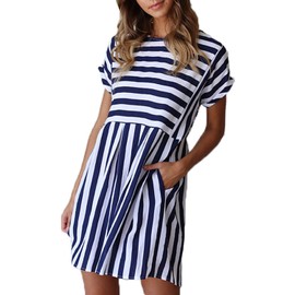 Naggoo Tunic Dresses for Women Casual Round Neck Striped Short Sleeve Mini Summer Tshirt Sundress,Navy Blue,M