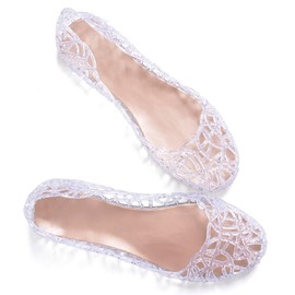Stunner Women's Beach Jelly Shoes Slip On Crystal Summer Soft Hollow Ballet Flats Silver 40(8.5)
