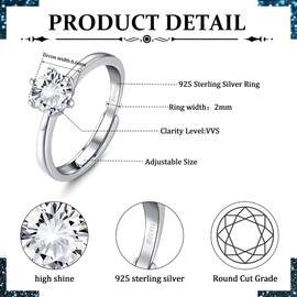 Kakonia Solitaire Engagement Ring for Women 925 Sterling Silver Cubic Zirconia Promise Rings with Prongs Eternity Promise Engagement Wedding Rings Adjustable Anniversary Jewellery