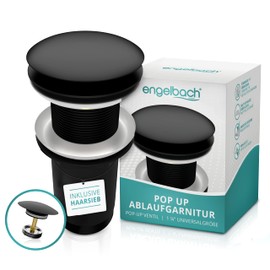 Engelbach Drain Fitting Sink without Overflow - Pop-Up Drain Fitting Including 4 Seals - Drain Valve Sink with Video - Universal Drain Valve for Washbasin of All Types - Matt Black