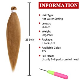 Xtrend 26 Inch 8 Packs Pre Stretched Braiding Hair Light Brown Braiding Hair Pre Stretched Yaki Texture Pre-stretched Braids Hair Professional Synthetic Hair Extension Itch Free Hot Water Setting 27#