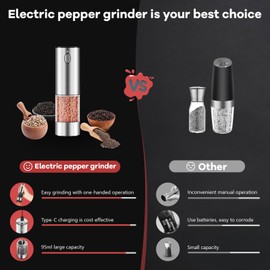 Electric Salt and Pepper Grinder, 95ml Adjustable Coarseness Automatic Salt and Pepper Grinder Set with Light, Rechargeable Electric Salt and Pepper Grinder Set, One-Button One Hand Control