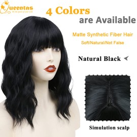 QUEENTAS Short Black Wigs for Women Shoulder Length with Bangs Short Wavy Bob Wig Synthetic Hair Wig