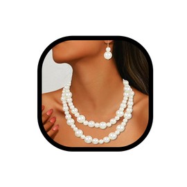 EVILD Chunky Pearl Jewelry Set Wedding Bridal Necklace and Earrings Sets Layered Pearl Necklaces Jewelry Accessories for Women (Two Layer)