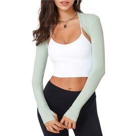 Women Open Front Bolero Shrugs Athletic Sport Long Sleeve Shrugs Yoga Cropped Shrugs Cardigan Cooling Shawl with Thumb Holes Green XXL