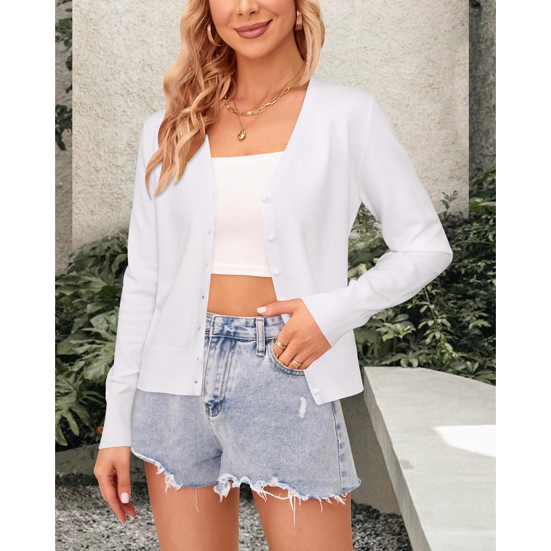 Arach&Cloz Women's V Neck Lightweight Cardigan Long Sleeve Solid Top