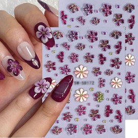 Flower Nail Stickers for Nail Art - 5D Embossed Nail Decals Spring Floral Nail Art Stickers Self-Adhesive Nail Supplies Accessories Purple Daisy Plant DIY Manicure Decoration for Women 2Pcs