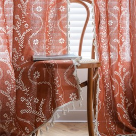 Sagnoly Boho Curtains for Living Room Terracotta Floral Vintage Farmhouse Patterned Curtains 84 Inch Length Semi Sheer Rustic Curtain Drapes Burnt Orange