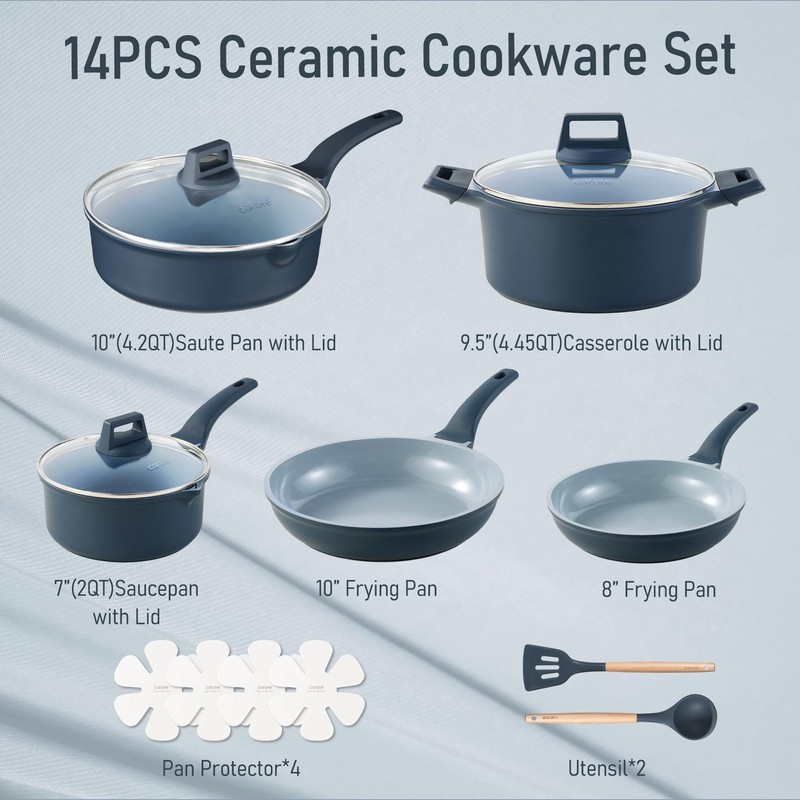 CAROTE 14 Pcs Ceramic Cookware Set, Pots and Pans Set