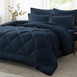 Anluoer Queen Comforter Set，Navy Blue Bed in a Bag 7 Piece，Lightweight Bedding Set with Soft Down Alternative Fill，Bed Set Includes Comforter, Fitted Sheet, Flat Sheet，Pillowcases and Shams