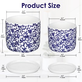 Set of 2 Blue and White Ceramic Plant Pots with Drainage Hole and Saucers, Retro Blue Porcelain Vase Round Planters for Succulent Cactus Indoor Outdoor Garden Home Desktop Decor, 4.5+5.5 Inch