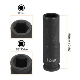 HARFINGTON 2pcs Deep Impact Socket 3/8" Square Drive by 12mm Metric 6 Point Socket 65mm (2.56") Long CR-MO Steel Industrial Grade Flip Socket for Home Auto Hex Nuts Bolts Repair, Black