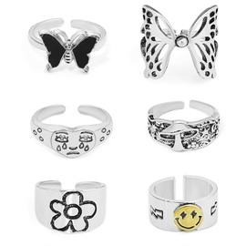 Gleamart 6 Pieces Emoji Adjustable Vintage Punk Ring Set Stackable Animal Rings Present for Men Women