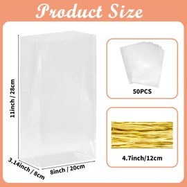 RICEDUO 50-Pack 8"x11" Clear Bottom Gusset Cellophane Gift Bags with 4.7" Gold Twist Ties - Elegant Cello Packaging for Party Favor Packaging, Gift Mug Toy Wrapping, Food Storage (No Side Gusset)