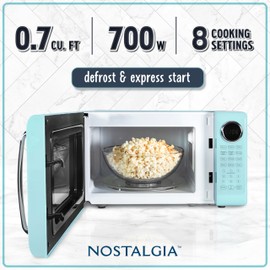 Nostalgia Retro Microwave Oven - 0.7 Cu Ft, 700-Watt Countertop Size with Glass Turntable, Child Safety Lock, 8 Auto-Cook Programs, Digital Clock - Aqua