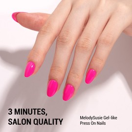MelodySusie Press-On Nails Short Oval Hot Pink, Long-lasting & Glossy Finish, Reusable with Glue for Woman Girl, 16 Sizes-32Pcs Fake Nails Kit