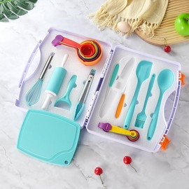 Everbirght Cooking Set for Kids, Real Cooking Kids Baking Set with Organizer Carrying Case for Girls, Kitchen Tools Kids Knife Set for Boys, Kid, Toddler, Gift, Toys-Blue