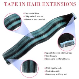 Tape in Hair Extensions Human Hair Ombre Balayage Black Roots to Green Highlight Black Seamless Invisible Tape in Hair Extensions Colored Straight Real Remy Human Hair Weft 18 Inch 20 Gram 10 Pieces