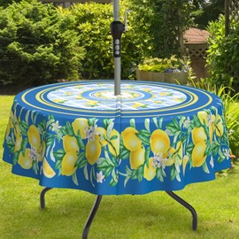 bnhjsdw Blue Lemon Outdoor Tablecloth with Umbrella Hole for Round Table, Waterproof Lemon Patio Table Cloth with Zipper - 60 x 60 inches