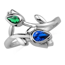 Silvershake Created Blue Sapphire and Nano Green Emerald White Gold Plated 925 Sterling Silver Tulip Flower Gemstone Bypass Ring Jewelry for Women Size 8