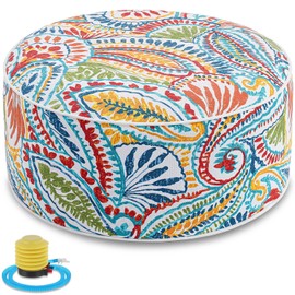Juexica 1 Pack Outdoor/Indoor Inflatable Ottoman 21 x 9 Inch Paisley All Weather Round Footrest Stool with Handle Water Repellent Portable Footstool Pouf for Patio Garden Camping Home Deck Travel