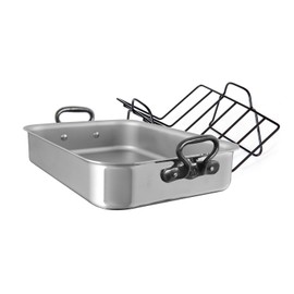 Mauviel Stainless Steel Roasting Pan With Rack and Cast Iron Handles, 15.7-In