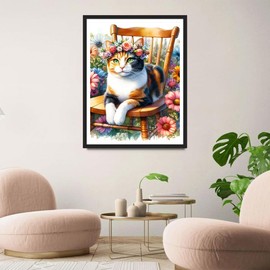QINRUBB DIY Calico Cat Diamond Painting Pictures Beginners, 5D Cat on a Stool Diamond Painting Adults, Round Full Drill Flowers Diamond Art Kits Cross Stitch Home Wall Decor 30 x 40 cm