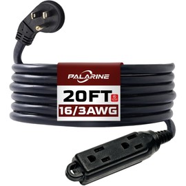 PALARINE Indoor Extension Cord 3 Outlets Flat Plug Power Strip, UL Listed, 16 Gauge 20 ft Black 3 Prong Heavy Duty, 16/3 SJTW 13A Outlet Extender