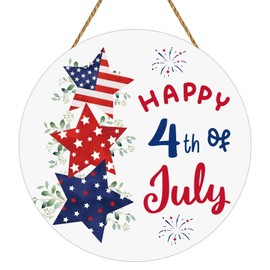 Patriotic Decorations 4th of July Wreaths for Front Door Red White and Blue Decorations Pentagrams Fireworks Wooden Happy 4th of July Sign Door Decor for Fourth Memorial Day Wall Indoor Home Decor