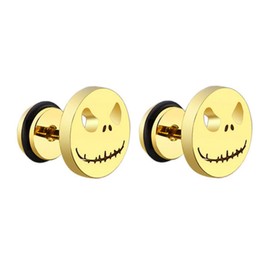 Stainless Steel Black/Silver Jack Skellington Cut-Out Round Circle Button Stud Post Earrings（10mm） ER72 (Gold)