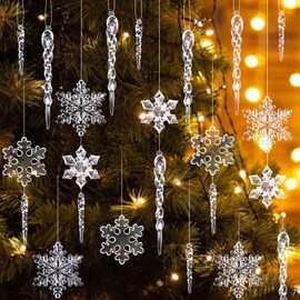 MELLIEX Pack of 32 Icicle Snowflakes Christmas Decoration Transparent Acrylic Christmas Tree Decoration Christmas Pendant DIY Winter Decoration