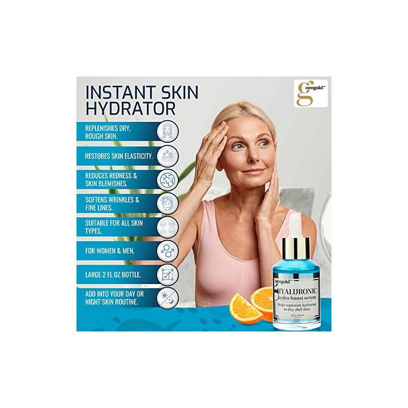 Neogold Suero hidratante de ácido hialurónico para el rostro, humectante