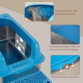 MIRAFIT Cat Litter Box Stainless Steel XL with High Sides Enclosure Lid, Extra Large Covered Metal Kitty Litter Box with Litter Pan, Anti-Leakage & Odorless, Easy Cleaning, Litter Scoop Included,Blue