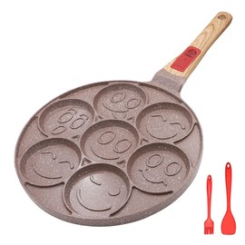 RANX INGST Ceramic Pancake Pan for Kids, Nonstick Pancake Griddle with Detachable Handle, 7 Hole Smiley Face Pancake Mold Mini Pancake Maker - Brown