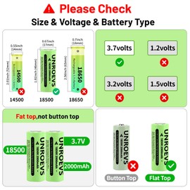 UNROEVS 2 Packs 18500 Rechargeable Battery with Flat Top,3.7V 2000mAh INR 18500 High Capacity Li-ion Battery for Flashlights,Solar Garden Lights.