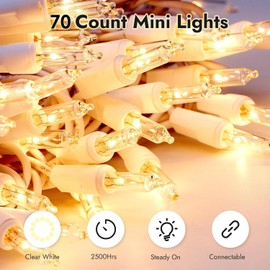 Dirnun Dirnun Christmas Lights Clear White 70 Count Incandescent Light UL Certified Connectable Christmas Tree Lights with White Wires for Indoor Outdoor Xmas, Wedding, Holiday, Party, Home Decorations