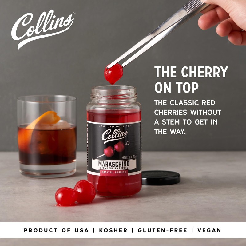 Collins Stemless Maraschino Cherries, Garnish for Cocktails, Desserts, Manhattans, and