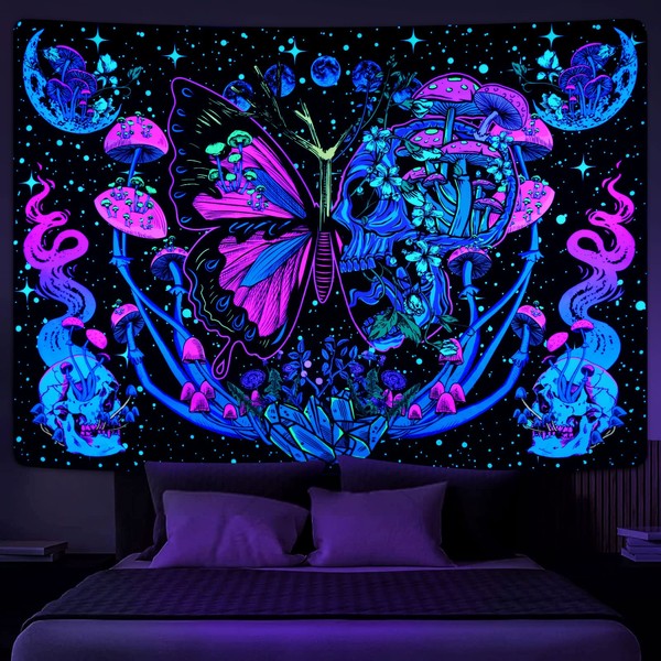 Yrendenge Fluorescent Tapestry, Butterfly Mushroom Wall Hanging, Skeleton Moon Phase Tapestries, Bedroom Dormitory Aesthetic Wall Cloth, Polyester Tapestry 210 * 150 cm