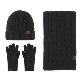LumiSyne Winter 3 in 1 Hat Scarf Glove Sets for Men Women Chunky Knitted Alpaca Wool Fabric Plain Cable Knitted Hat Long Scarf Touchscreen Gloves Thick Warm Lining, black