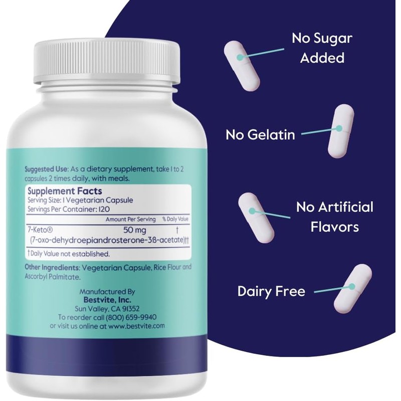 BESTVITE 7-Keto 50 mg DHEA (120 Vegetarian Capsules) - No