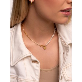 SINGULARU - Chic Pearl Necklace - 18 Carat Gold-Plated Stainless Steel or Stainless Steel with Natural Freshwater Pearl Motif - Women's Jewellery, Gold