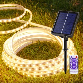 LIFENGSOLER 5m LED Tape Light, Solar Outdoor, 8 Lighting Modes, Remote Control, LED Tape Light, Waterproof, 300 LED, Warm White, 3000K, LED Tape Light, Solar Charging and USB Charging, Garden, Outdoor