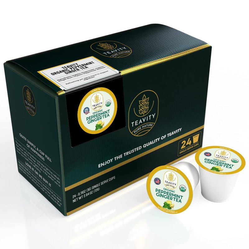 Teavity Organic Peppermint Ginger Tea Pods for Keurig - Decaf,