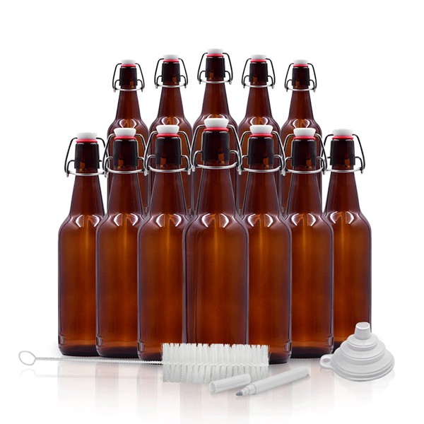 Nevlers 12 Pack of Amber Glass Beer Bottles for Home Brewing 16 oz - The Glass Bottles with Caps Comes with a Funnel, Brush & White Marker - Great Amber Bottles & Empty Bottles for Beer Brewing